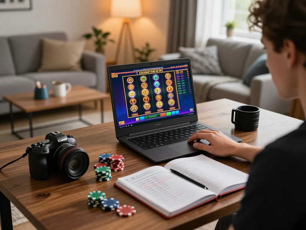 Engaging gameplay at a situs gacor online slot game featuring a player focused on their laptop with gaming chips.