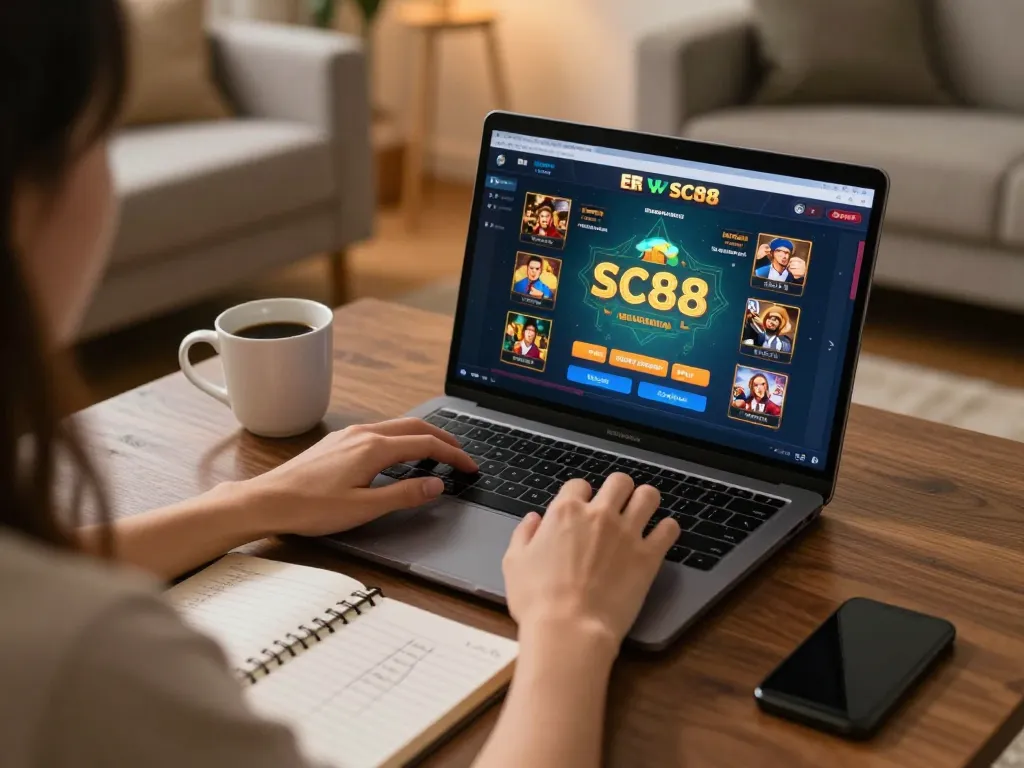 Play SC88 online from home with a cozy laptop setup and gaming strategy notes