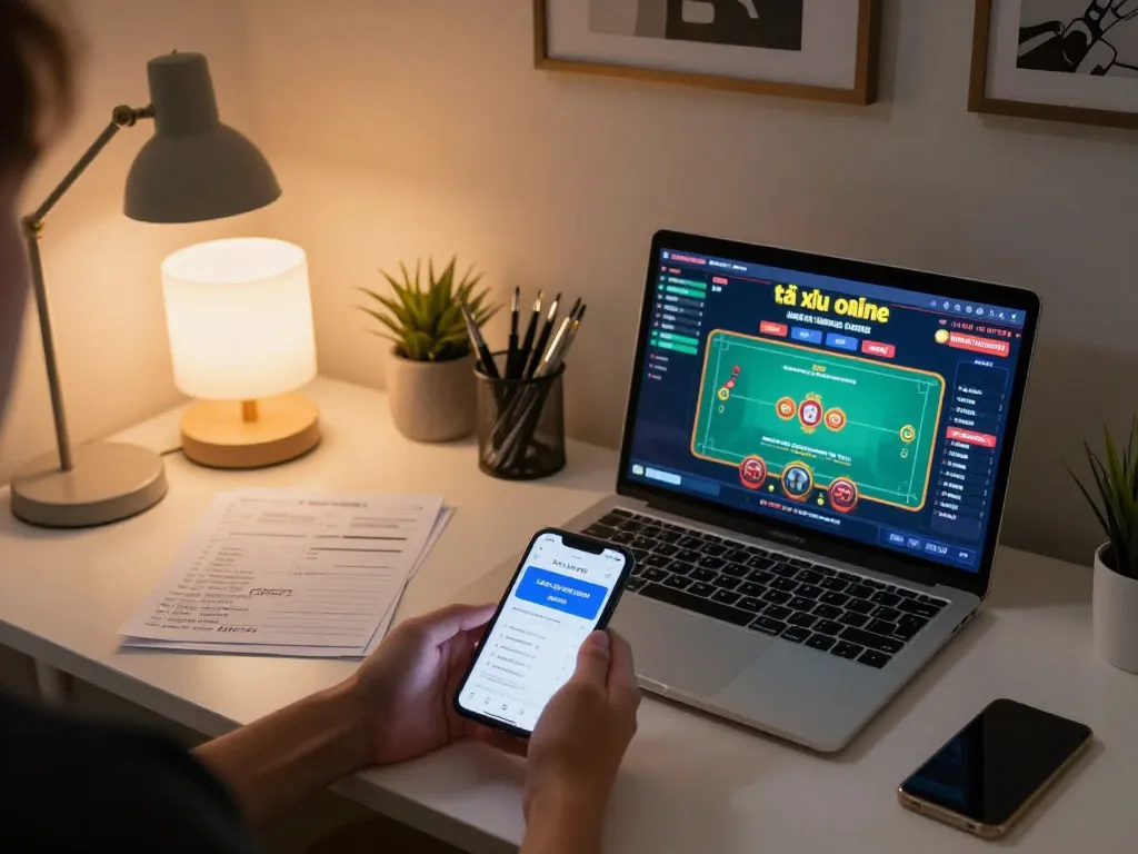 Engaging with the app tài xỉu online on a smartphone while enjoying a cozy home gaming setup.