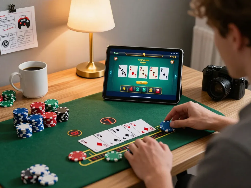 Engaged player enjoying lc88 blackjack game on tablet at home with cozy setup.