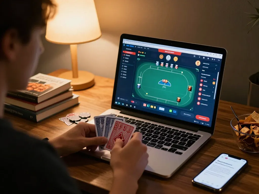 Engaging online poker session on u888, showcasing strategic gameplay at home with laptop and snacks.