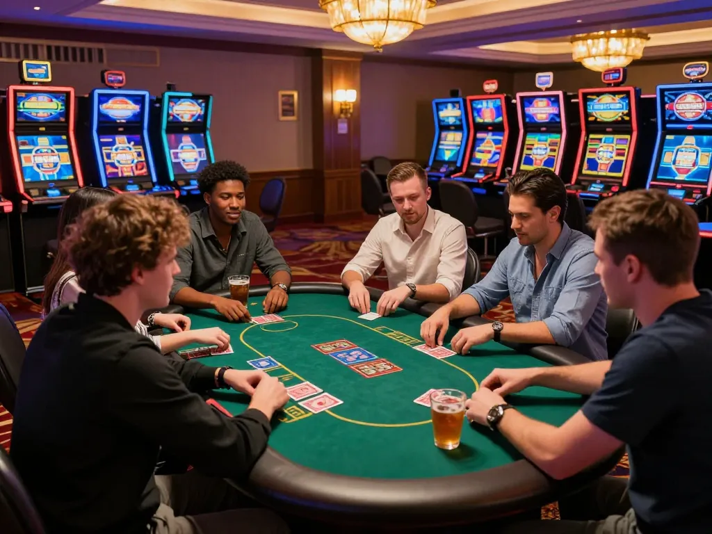Kerajaanslot gaming table scene with friends enjoying card games and lively discussions in a vibrant casino setting.