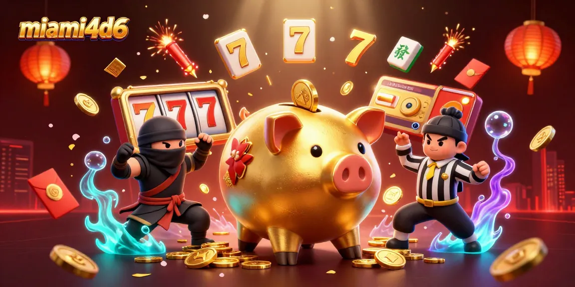 Engage in thrilling slots with Miami4d6's dynamic golden piggy bank illustration.