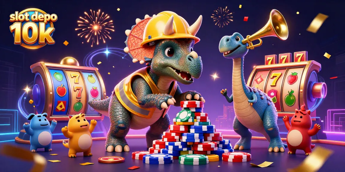 Experience the excitement of slot depo 10k with a vibrant scene of animated characters celebrating in a casino.