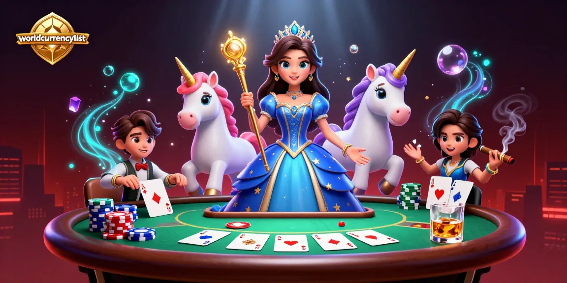 Engage with worldcurrencylist at this vibrant casino scene featuring poker elements and enchanting characters.
