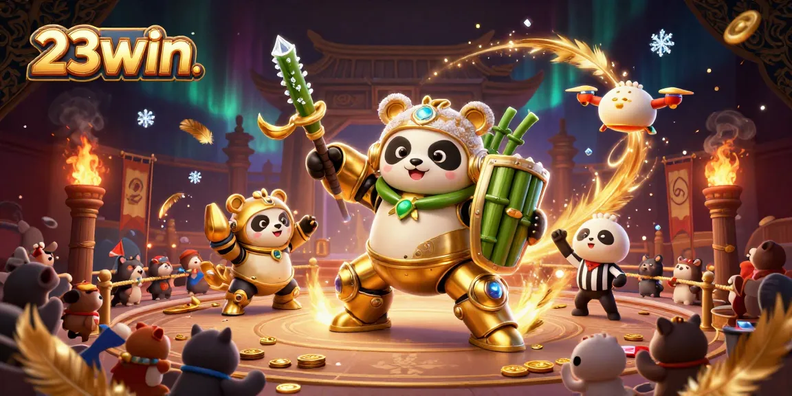Join the excitement of 23win. with a vibrant mech-suit panda in a dynamic arena scene.
