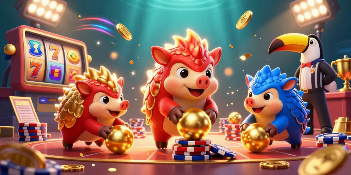 Experience thrilling slot action with colorful pangolin rivals in an exciting casino scene.
