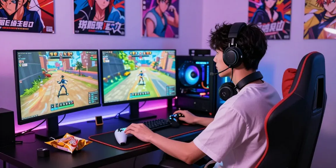 Engaging scene of a young man playing a gay hentai game on multiple monitors with a colorful gaming setup.