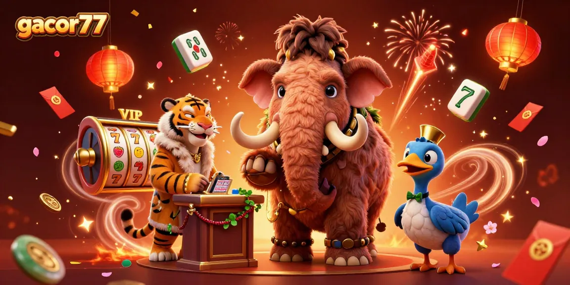 Gacor77 situs permainan online dengan bouncer mammoth dan tamu VIP, meriah dengan elemen kasino.