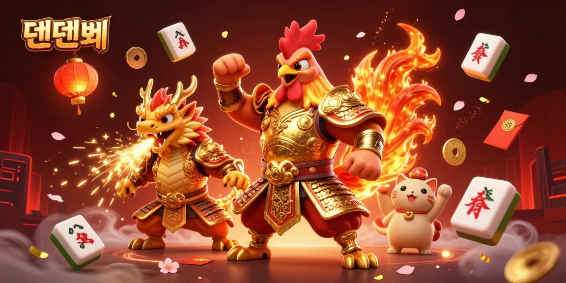 Experience thrilling gameplay with 텐텐벳, featuring animated rooster warrior and dragon hatchling amidst casino elements.