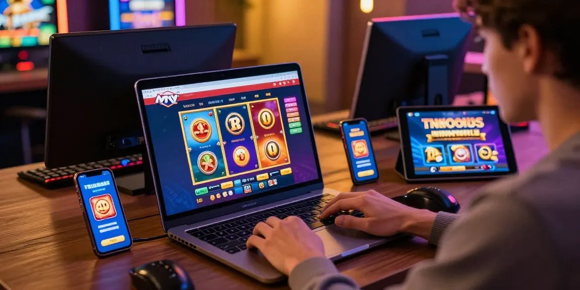 Engaged player exploring new online slot sites on a sleek laptop with vibrant gaming accessories.