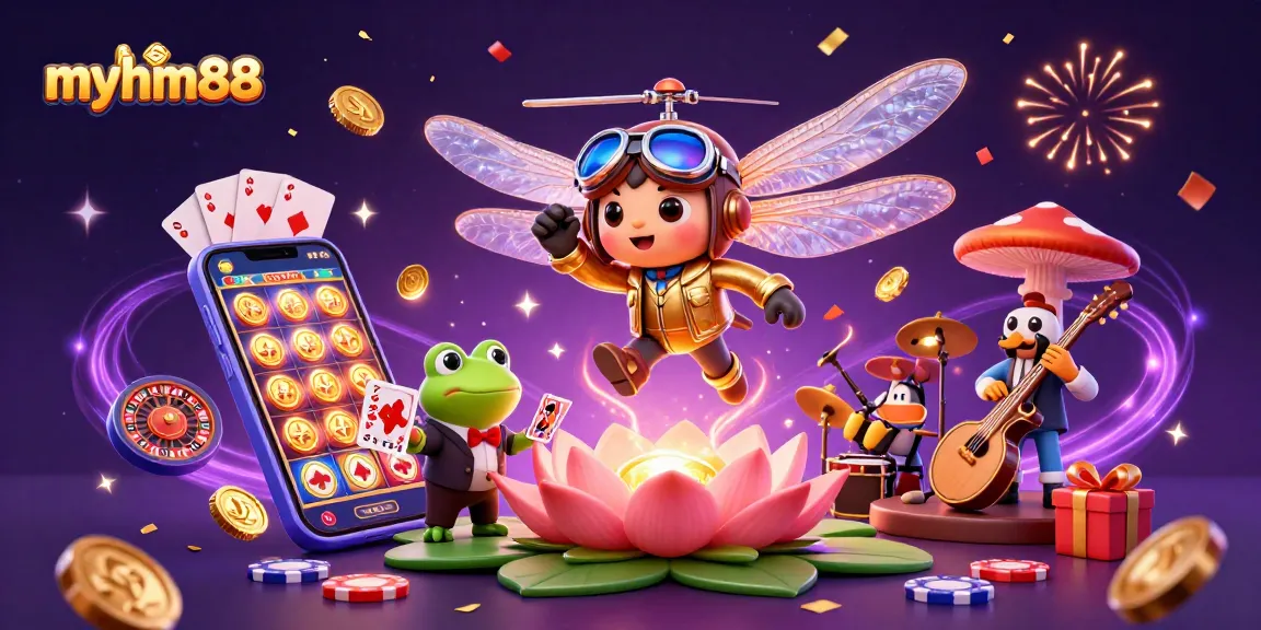 Experience the thrill of myhm88 at a lively casino with vibrant characters and dynamic gaming elements.