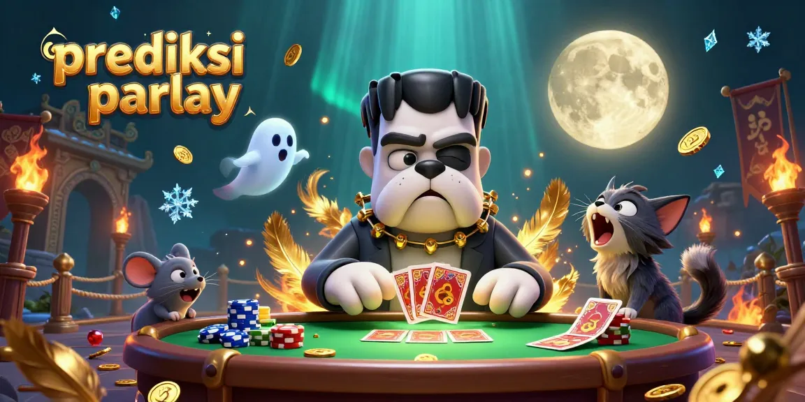 Win big with prediksi parlay as playful characters deal cards surrounded by exciting gambling elements.