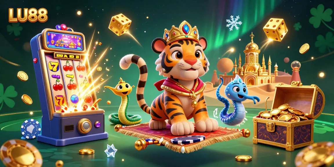 LU88 players spin towards fortune with a vibrant slot machine burst amidst royal casino elements.