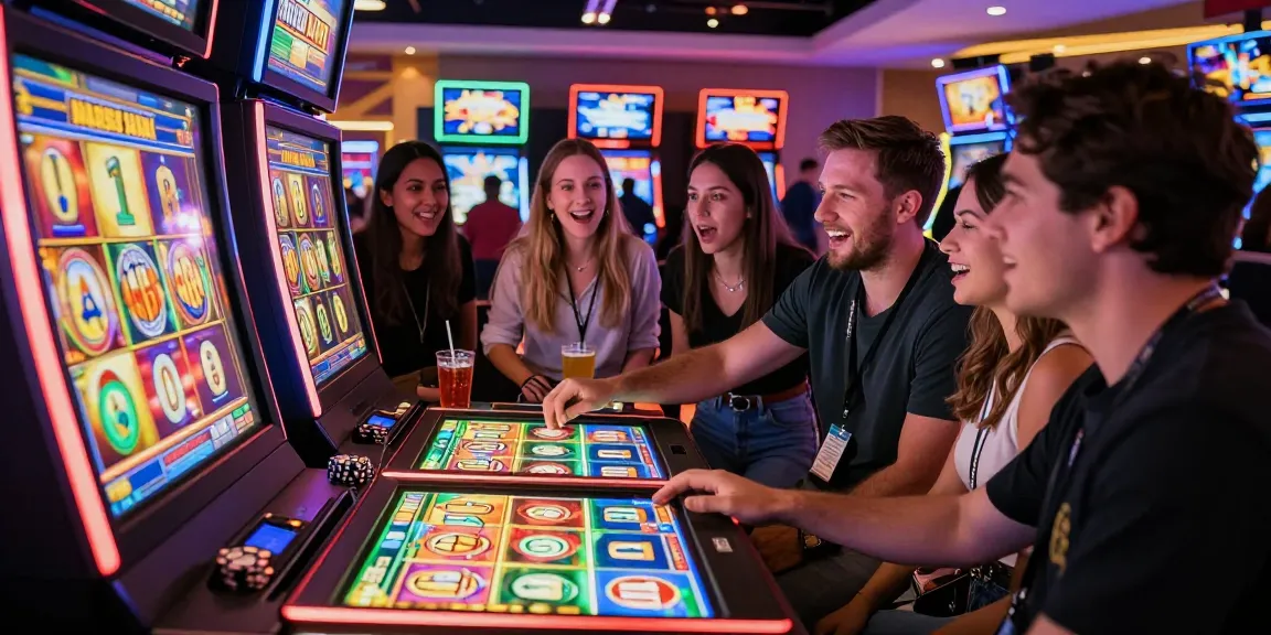 Players engaging with bonus buy slots in a vibrant casino atmosphere, showcasing excitement and colorful slot machine visuals.