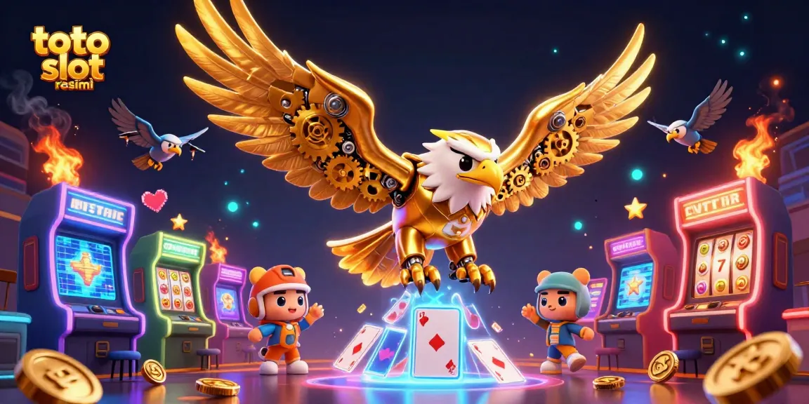 Experience the thrill of toto slot resmi with a dynamic illustration featuring golden eagle and casino elements.