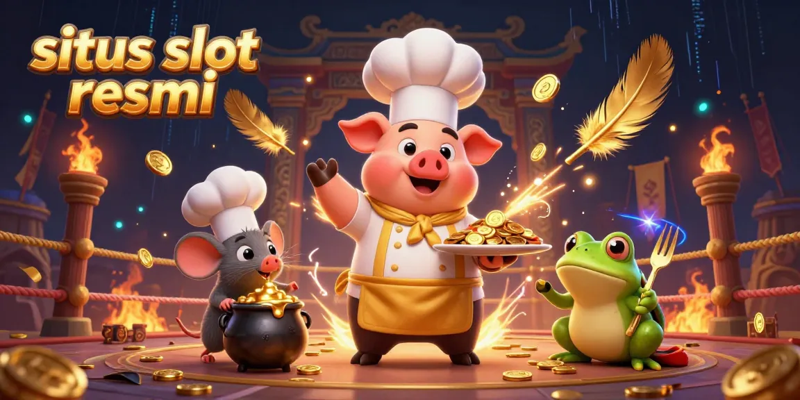Spark excitement at situs slot resmi with a pig chef serving gold coins among a vibrant casino atmosphere.