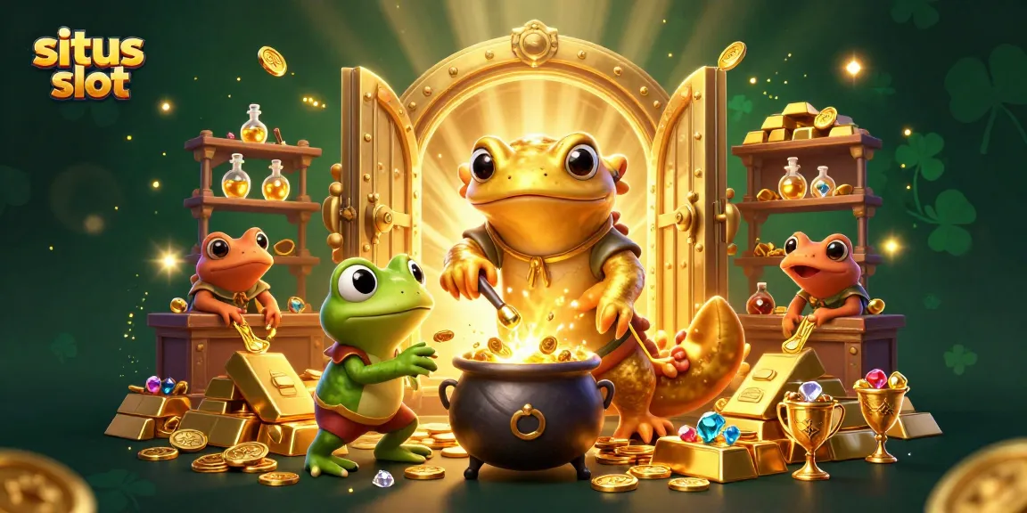 Menggambarkan situs slot dengan karakter alkemis dan elemen kasino, penuh dengan perhiasan dan koin emas.