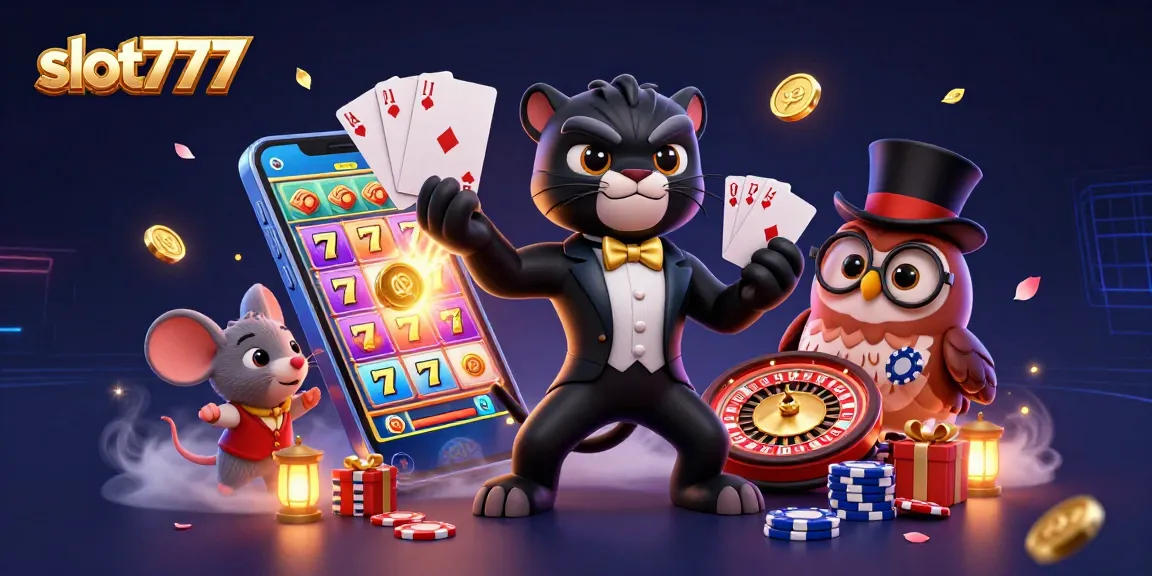 Engage in thrilling slot777 gameplay with a stylish panther dealer, an owl with poker chips, and a lucky mouse amidst golden coins.