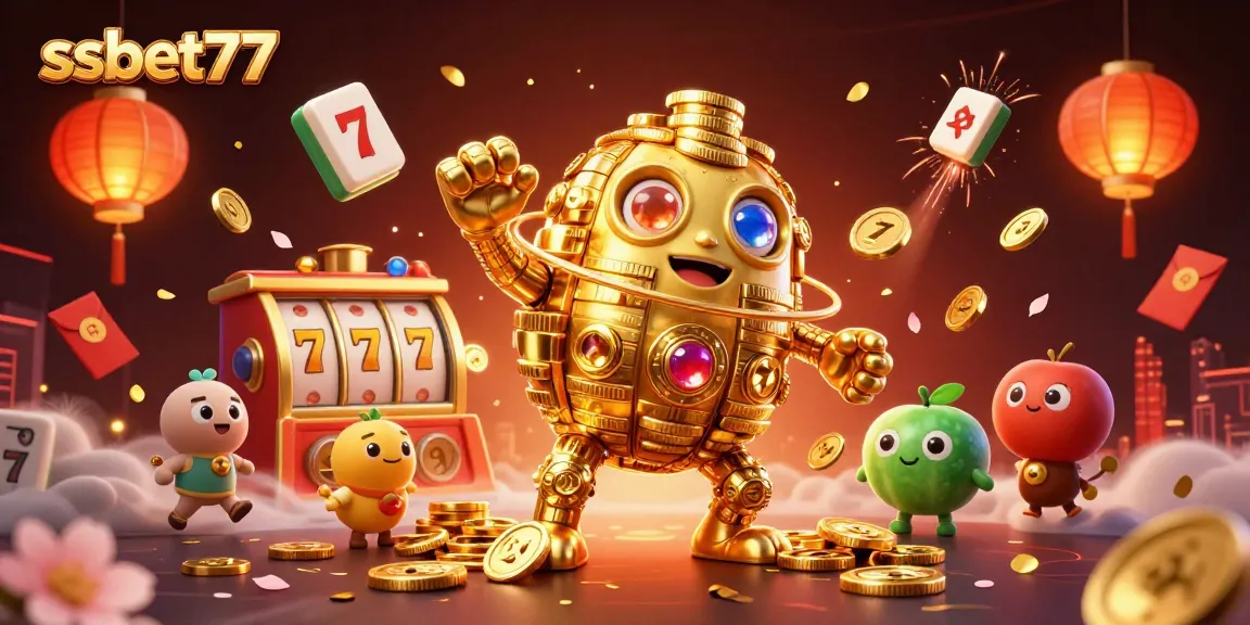 Experience gaming excitement with ssbet77's dynamic, visually stunning 3D casino illustration featuring a golden golem and slot symbols.