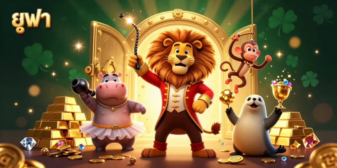 Catch the excitement of ยูฟ่า with a vibrant circus scene featuring a lion, hippo, monkey, and seal surrounded by treasures and casino elements.