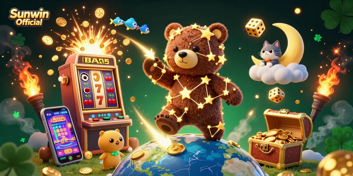 Experience thrilling moments with Sunwin Official in this vibrant 3D casino scene full of games and excitement.