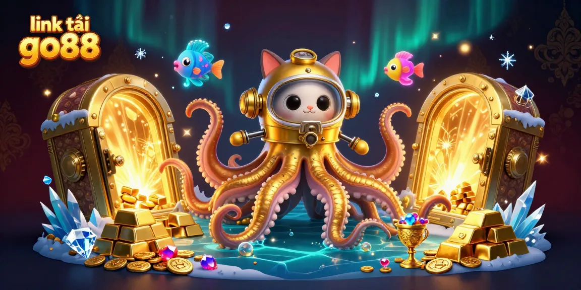 Win big with link tải go88 in a treasure-filled ocean featuring a kraken and diving cat.