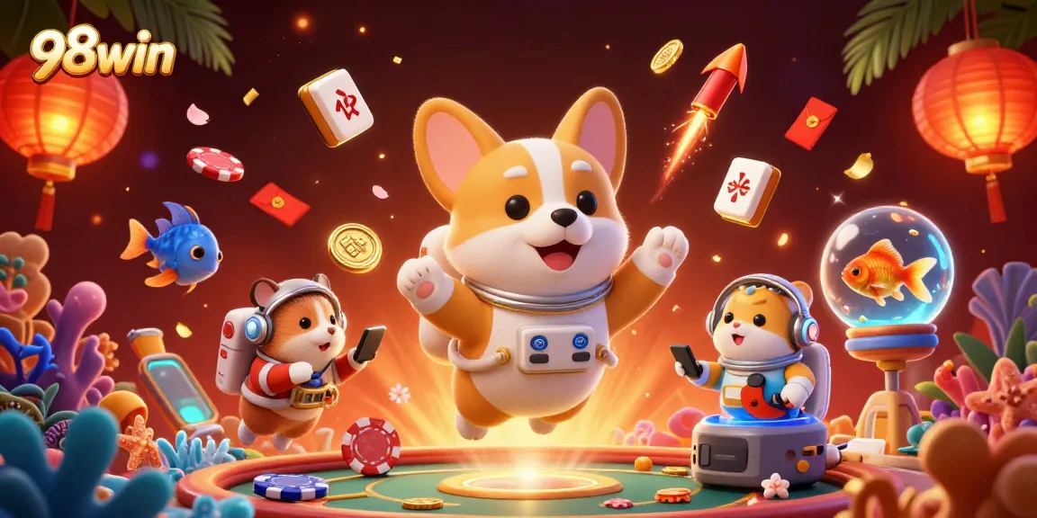 Engage with 98win's exciting gaming scene featuring floating characters and vibrant casino elements.