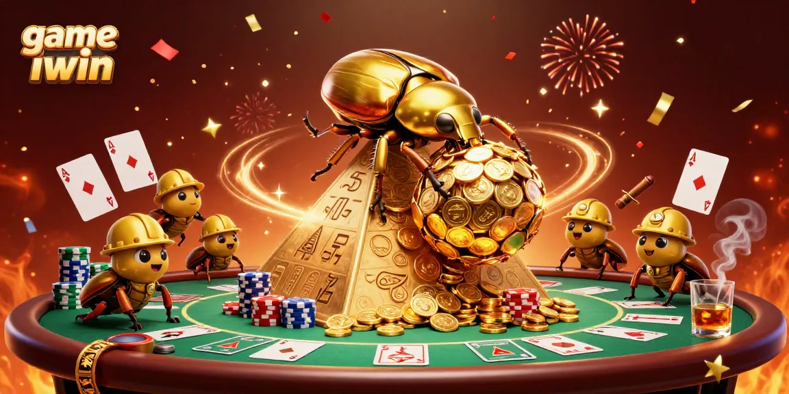 Play game iwin with animated beetles and rich casino elements in a vibrant 3D scene.