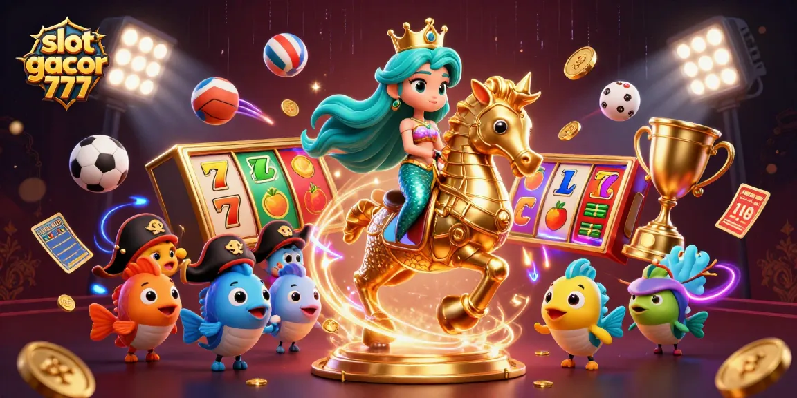 Engage with slot gacor 777 in a vibrant 3D illustration of a mermaid princess, dynamic gaming elements surrounding her.