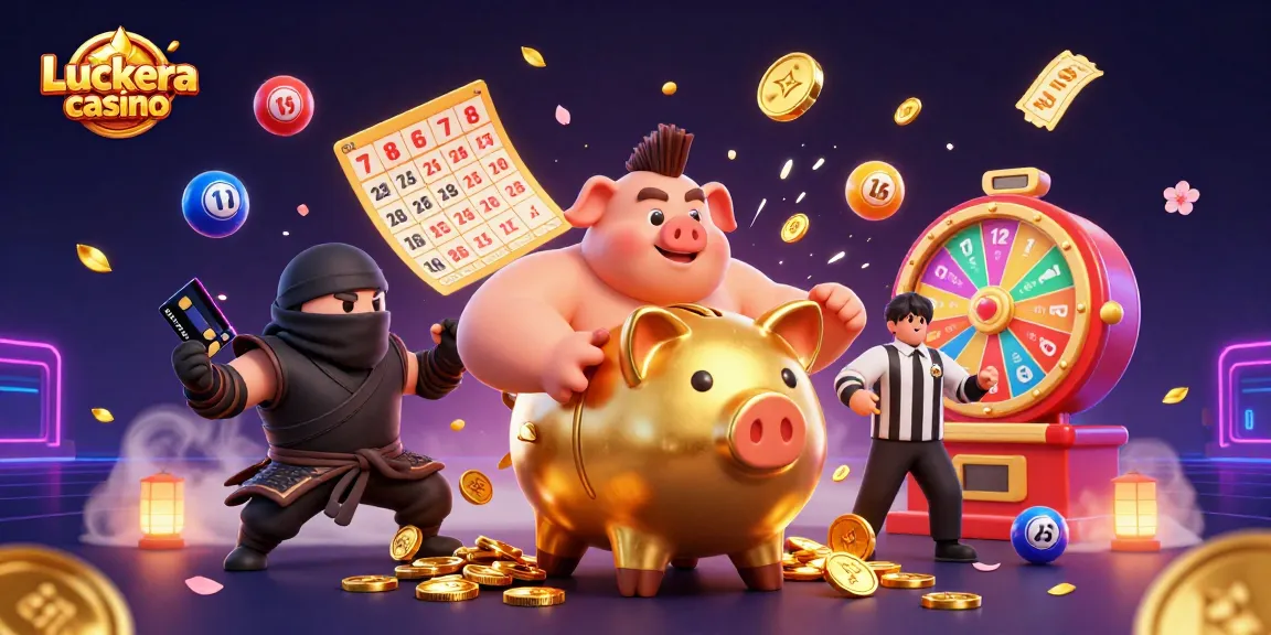 Engaging scene at Luckera casino featuring a golden piggy bank sumo wrestler and vibrant gaming elements.
