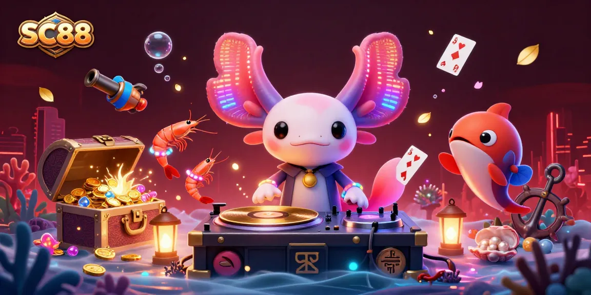 Engage with SC88 in this vibrant underwater casino scene featuring a neon axolotl DJ and a lively dance crew.