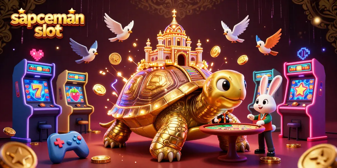 Engage with sapceman slot in this vibrant 3D scene featuring a golden tortoise casino, rabbit dealer, and flying coins.
