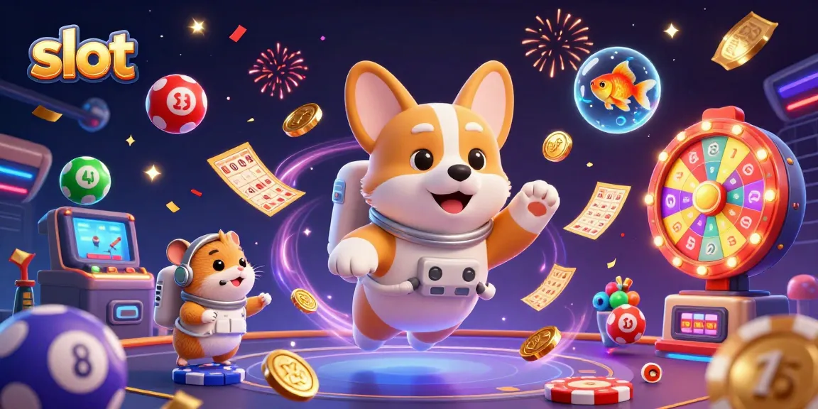 Menggulung slot dengan corgi astronot beraksi di kasino luar angkasa dengan koin emas dan bola lotere berwarna.