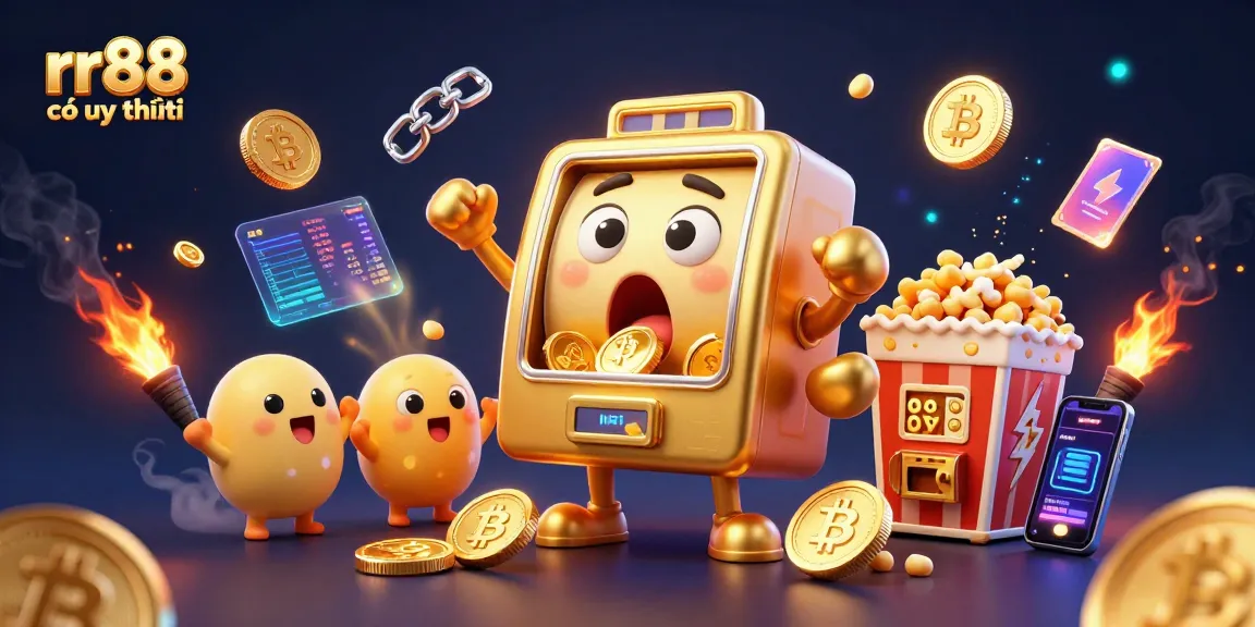 Spin and win at rr88 có uy tín with a golden slot machine and crypto elements bursting with excitement.